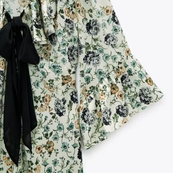 Zara Tied Floral Print Blouse S - Picture 2 of 6